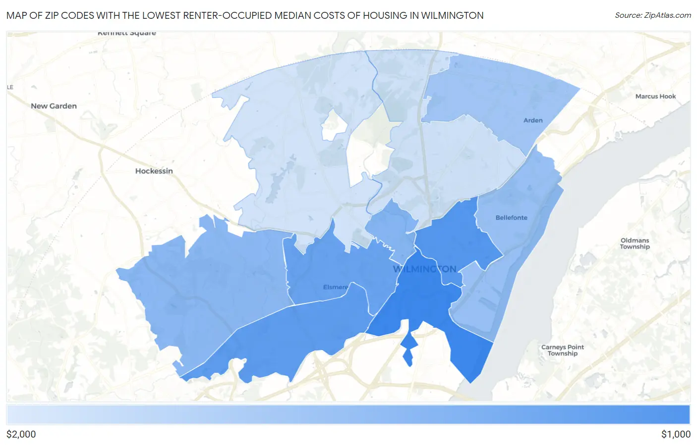 Zip Codes with the Lowest Renter-Occupied Median Costs of Housing in Wilmington Map