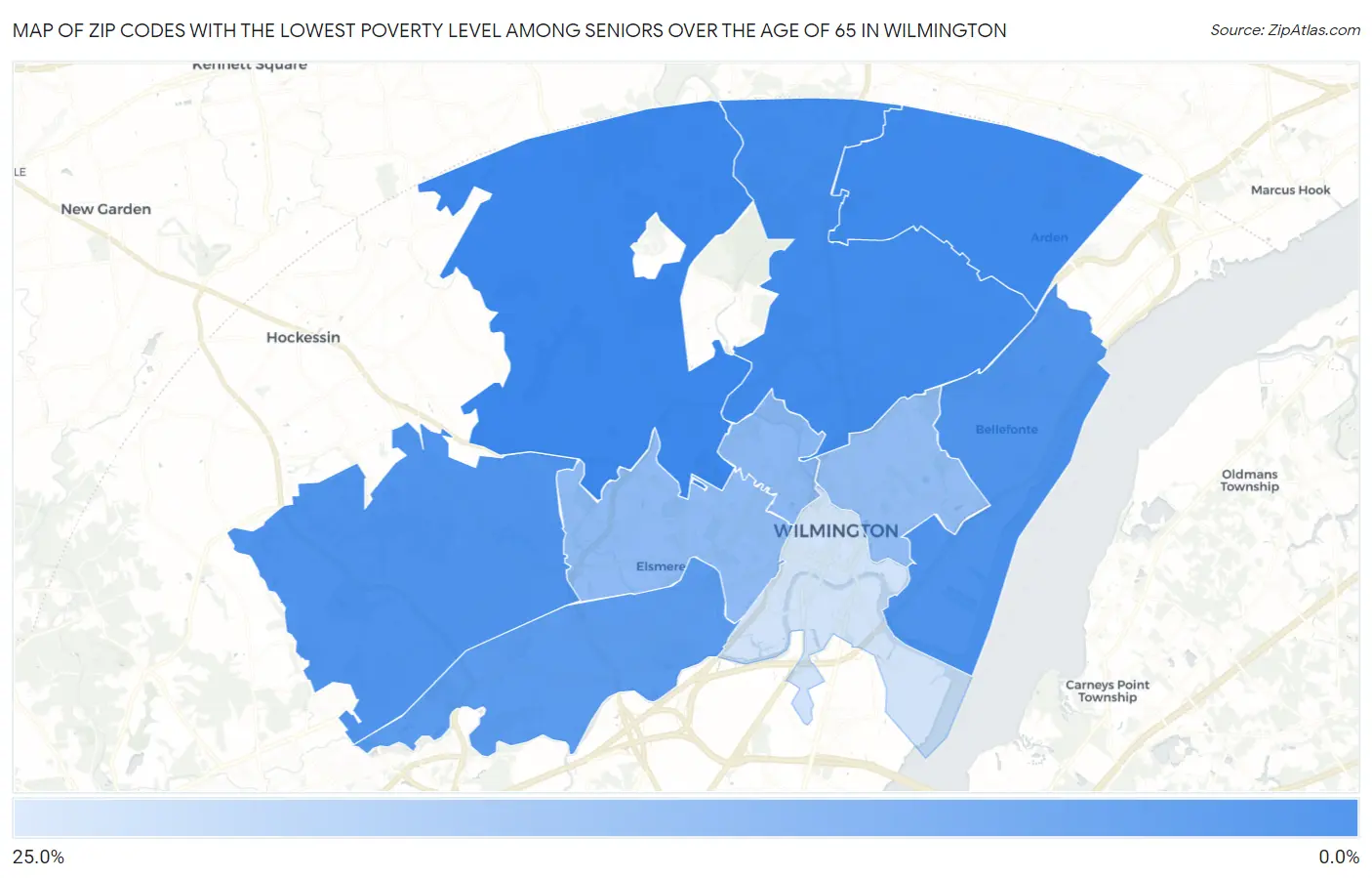 Zip Codes with the Lowest Poverty Level Among Seniors Over the Age of 65 in Wilmington Map