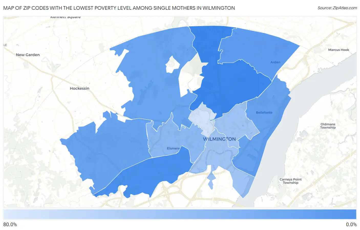 Zip Codes with the Lowest Poverty Level Among Single Mothers in Wilmington Map