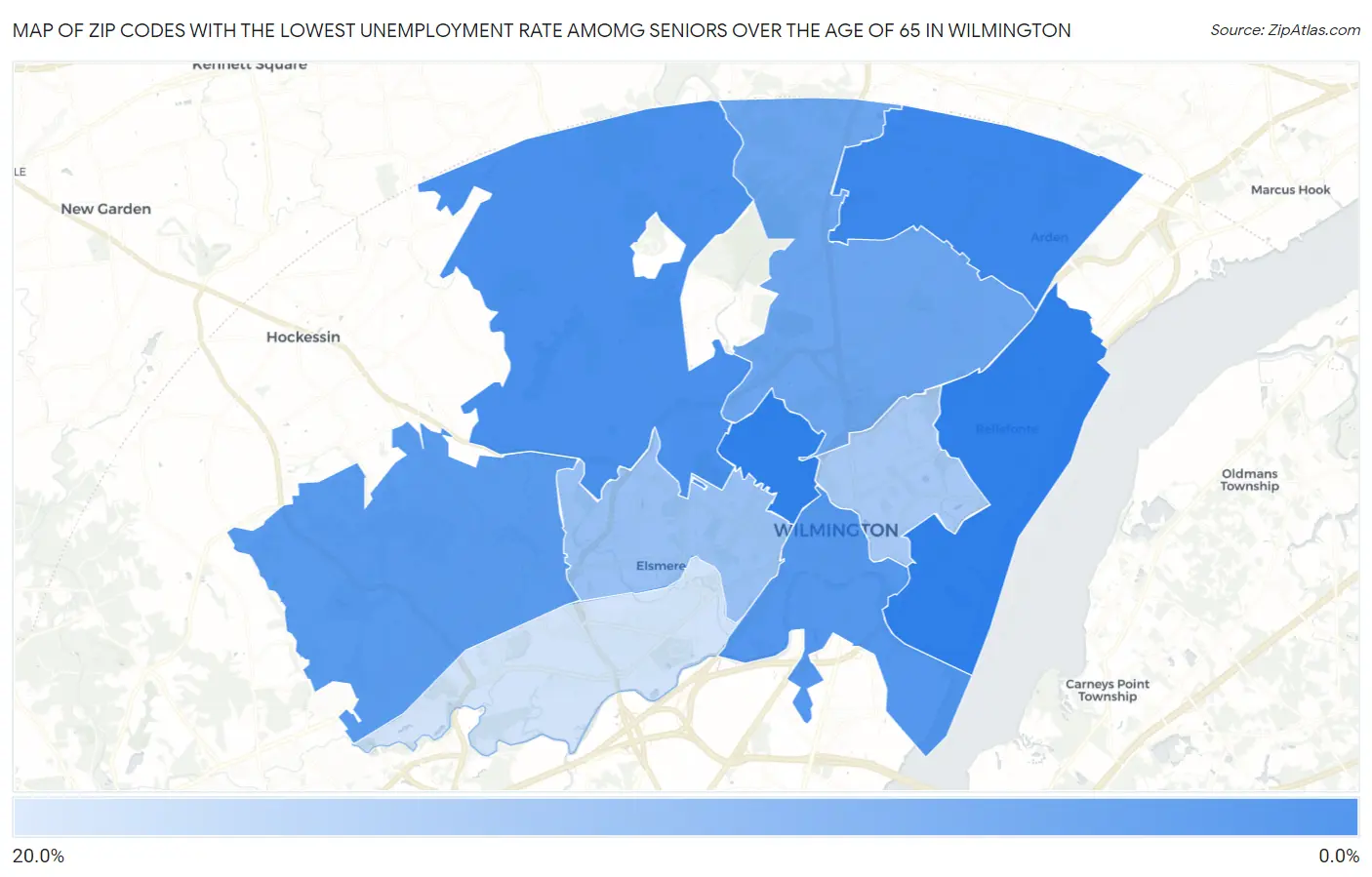 Zip Codes with the Lowest Unemployment Rate Amomg Seniors Over the Age of 65 in Wilmington Map