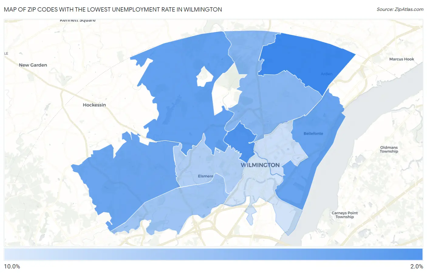 Zip Codes with the Lowest Unemployment Rate in Wilmington Map