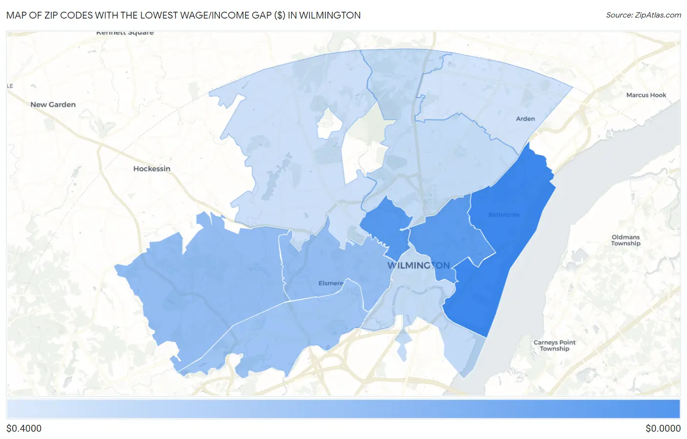 Zip Codes with the Lowest Wage/Income Gap ($) in Wilmington Map