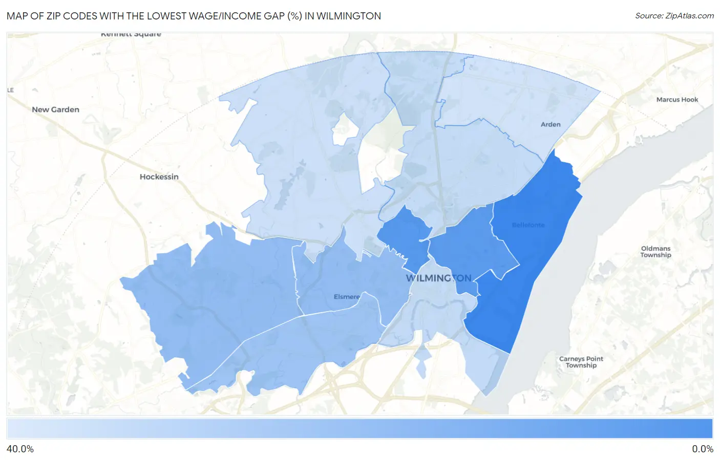 Zip Codes with the Lowest Wage/Income Gap (%) in Wilmington Map