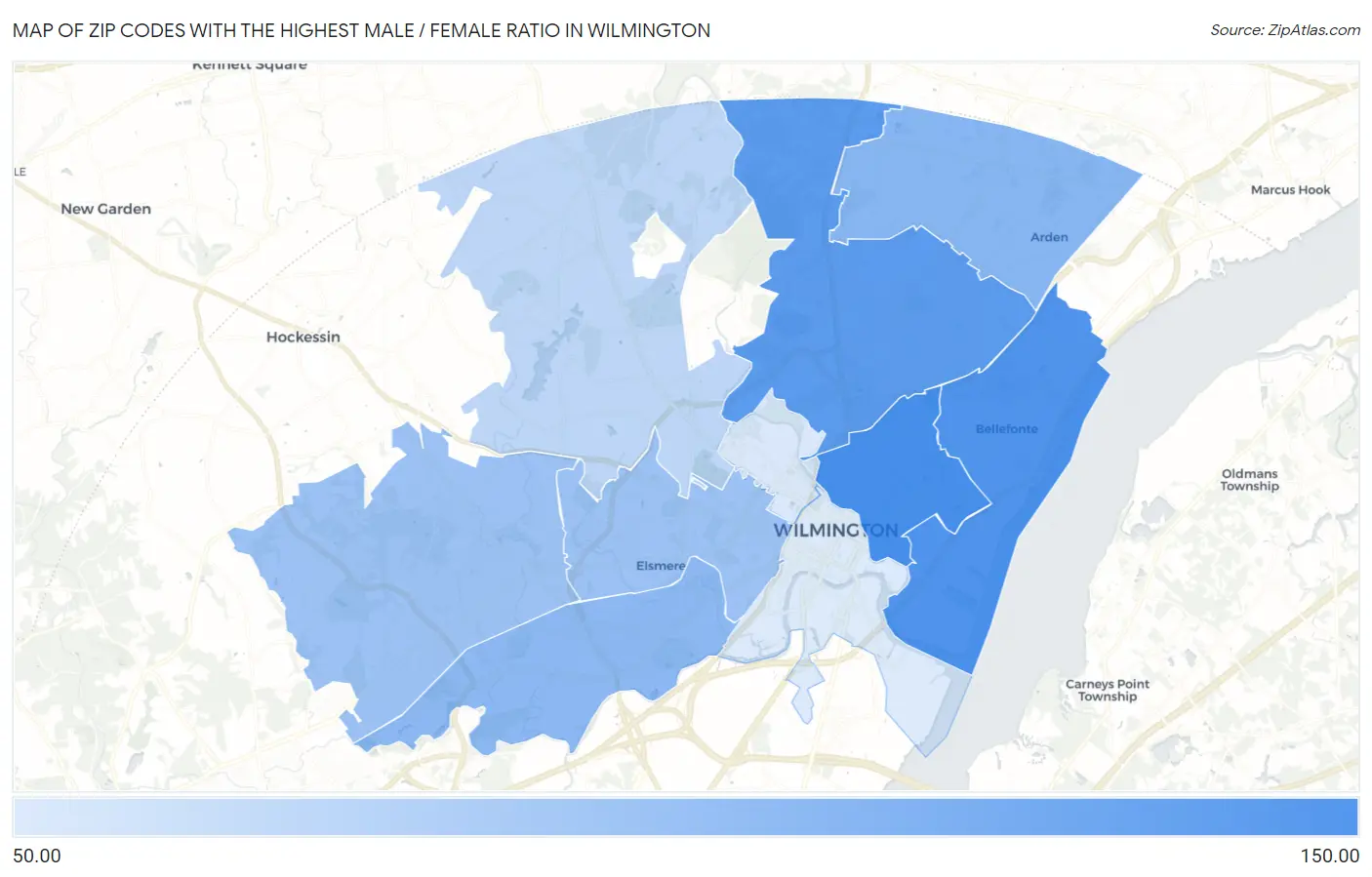 Zip Codes with the Highest Male / Female Ratio in Wilmington Map