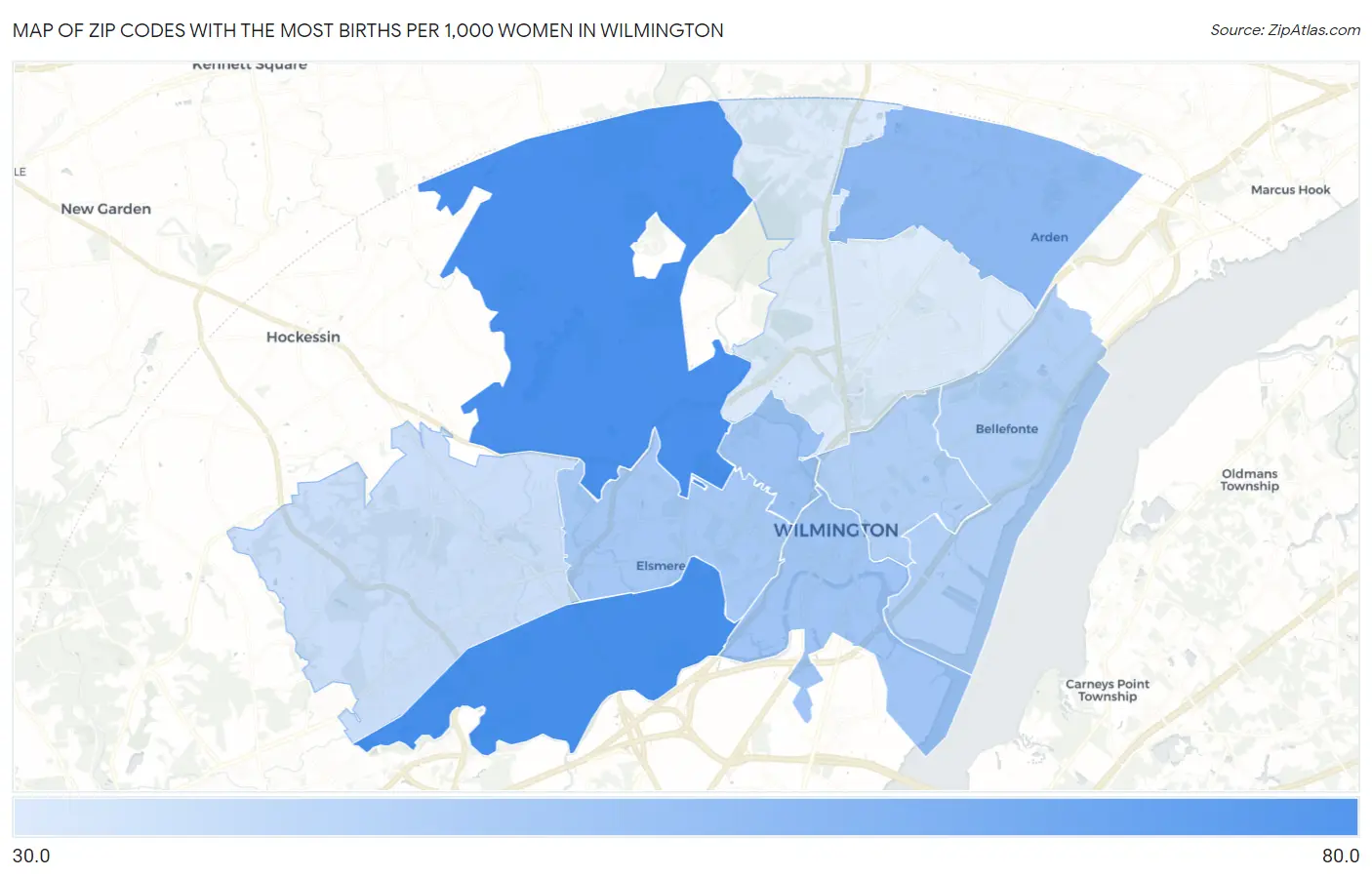 Zip Codes with the Most Births per 1,000 Women in Wilmington Map