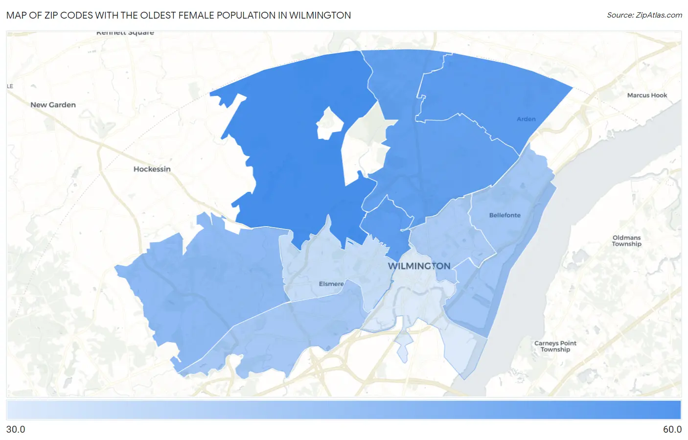 Zip Codes with the Oldest Female Population in Wilmington Map