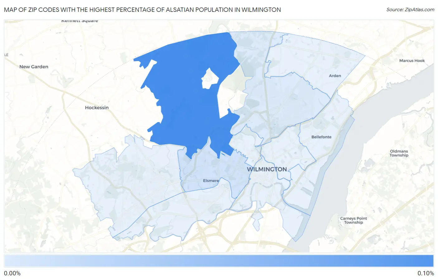 Zip Codes with the Highest Percentage of Alsatian Population in Wilmington Map