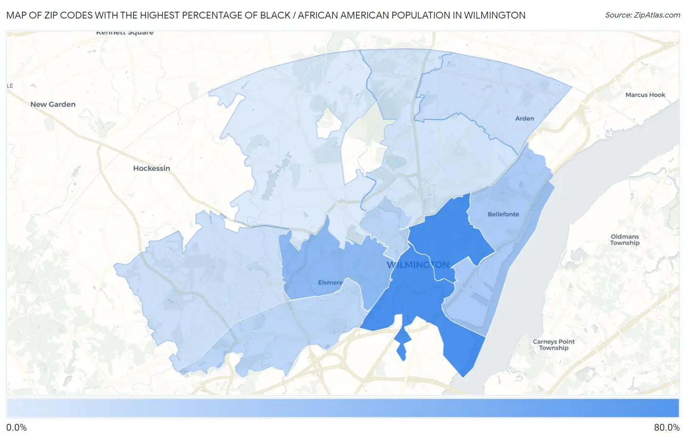 Zip Codes with the Highest Percentage of Black / African American Population in Wilmington Map