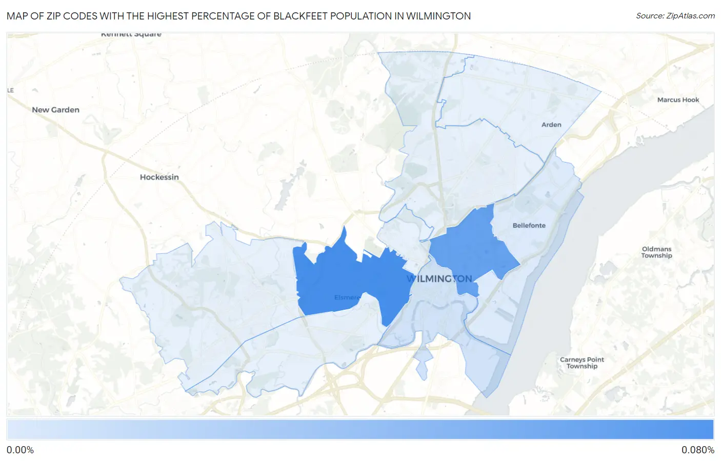 Zip Codes with the Highest Percentage of Blackfeet Population in Wilmington Map