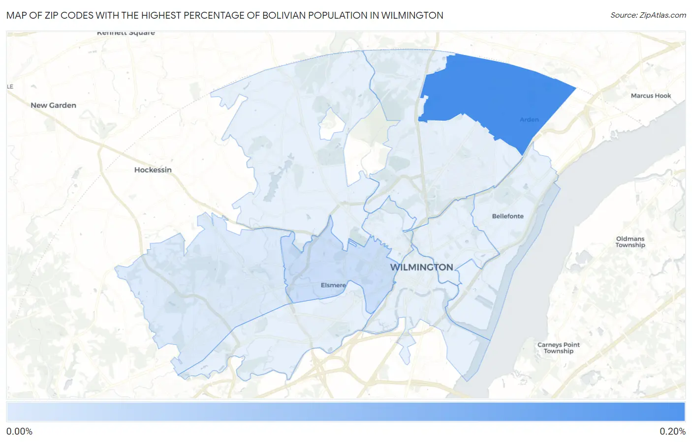 Zip Codes with the Highest Percentage of Bolivian Population in Wilmington Map