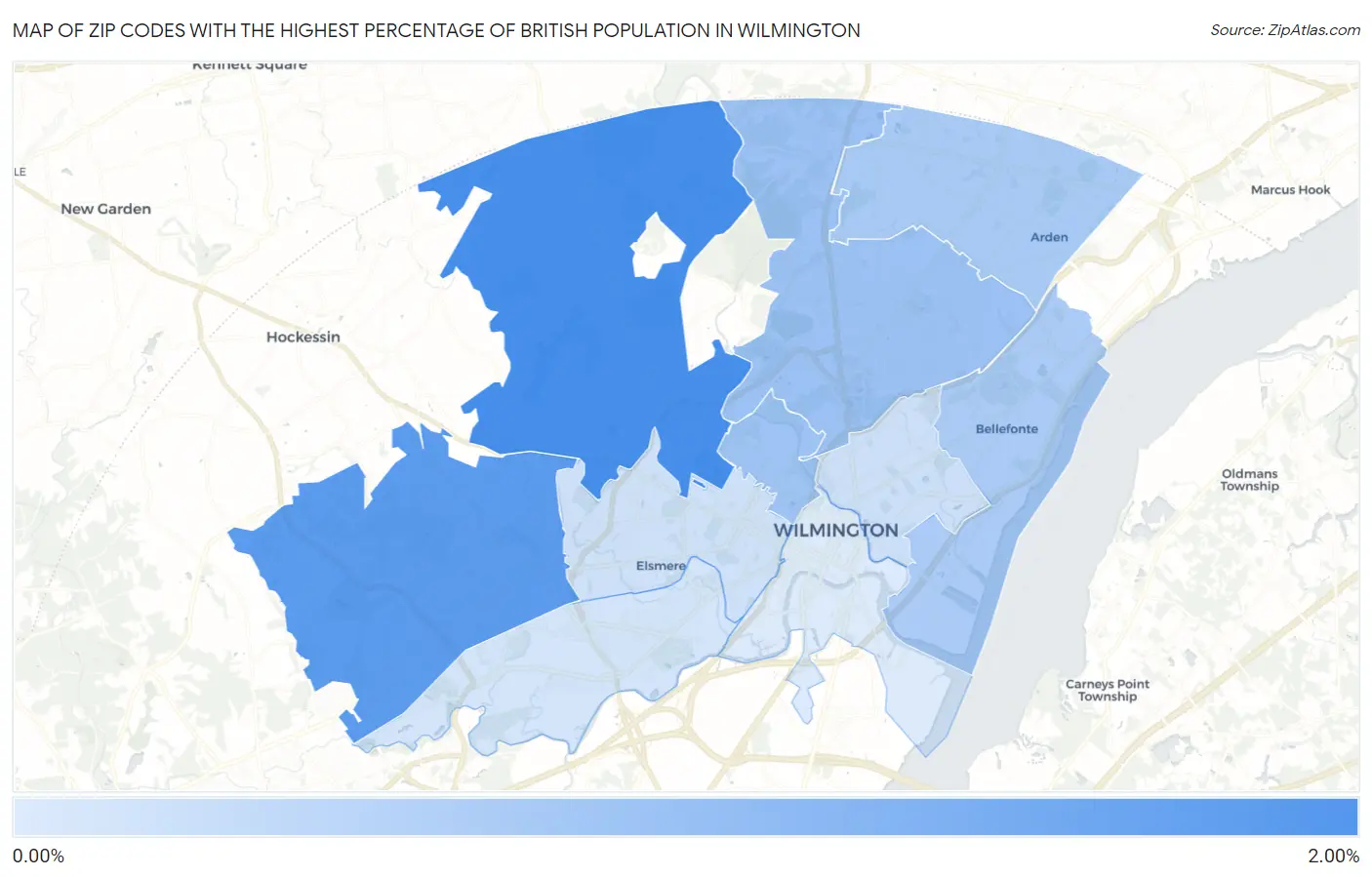 Zip Codes with the Highest Percentage of British Population in Wilmington Map