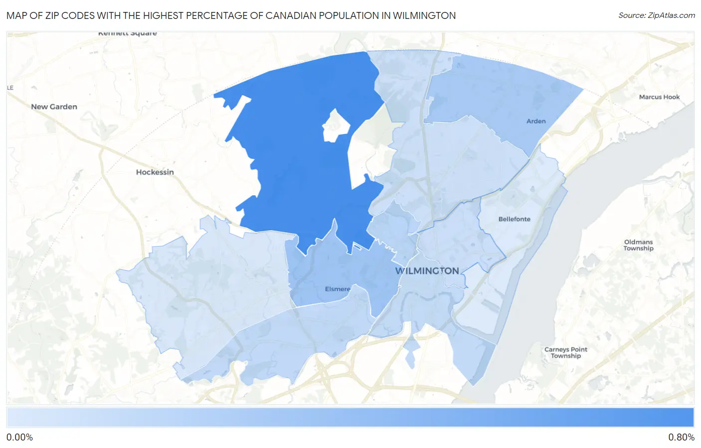 Zip Codes with the Highest Percentage of Canadian Population in Wilmington Map