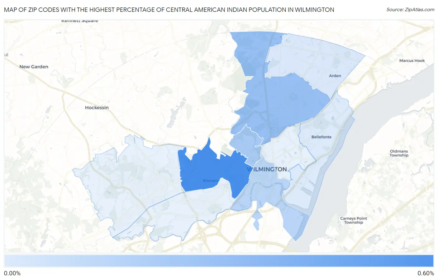 Zip Codes with the Highest Percentage of Central American Indian Population in Wilmington Map