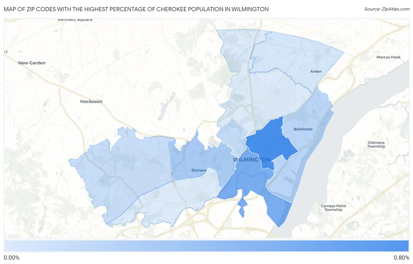 Zip Codes with the Highest Percentage of Cherokee Population in Wilmington Map