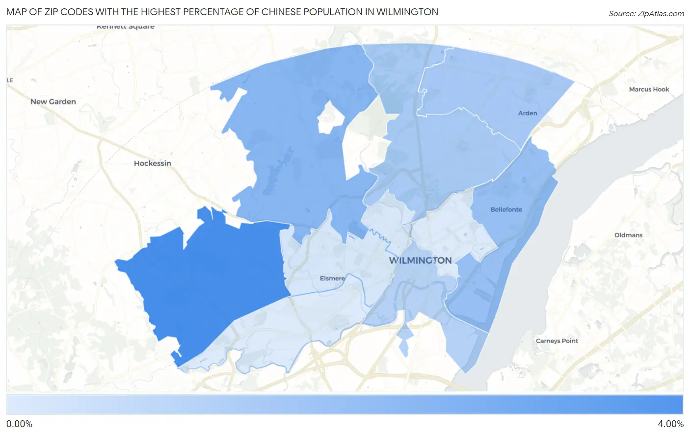 Zip Codes with the Highest Percentage of Chinese Population in Wilmington Map