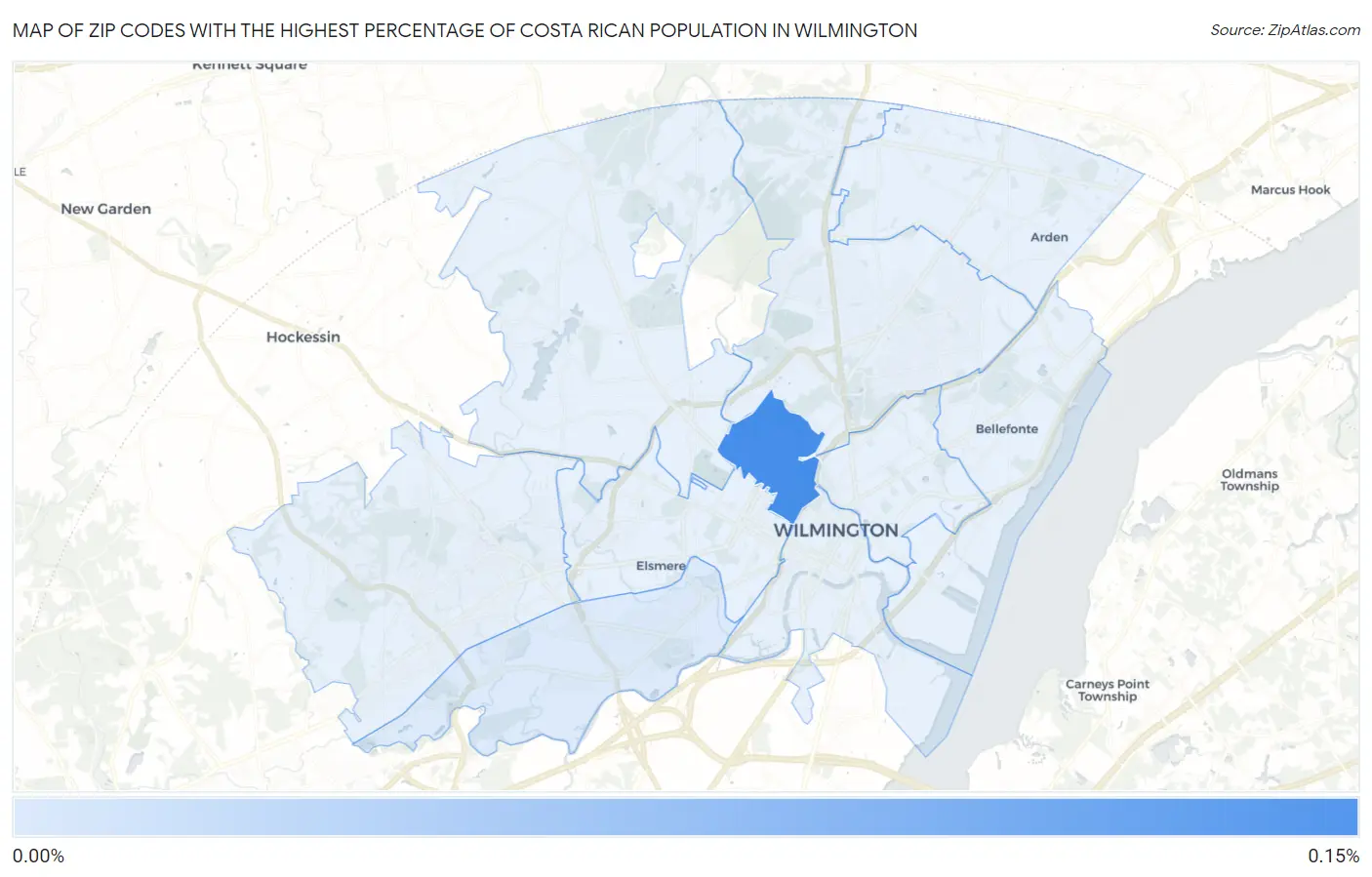 Zip Codes with the Highest Percentage of Costa Rican Population in Wilmington Map