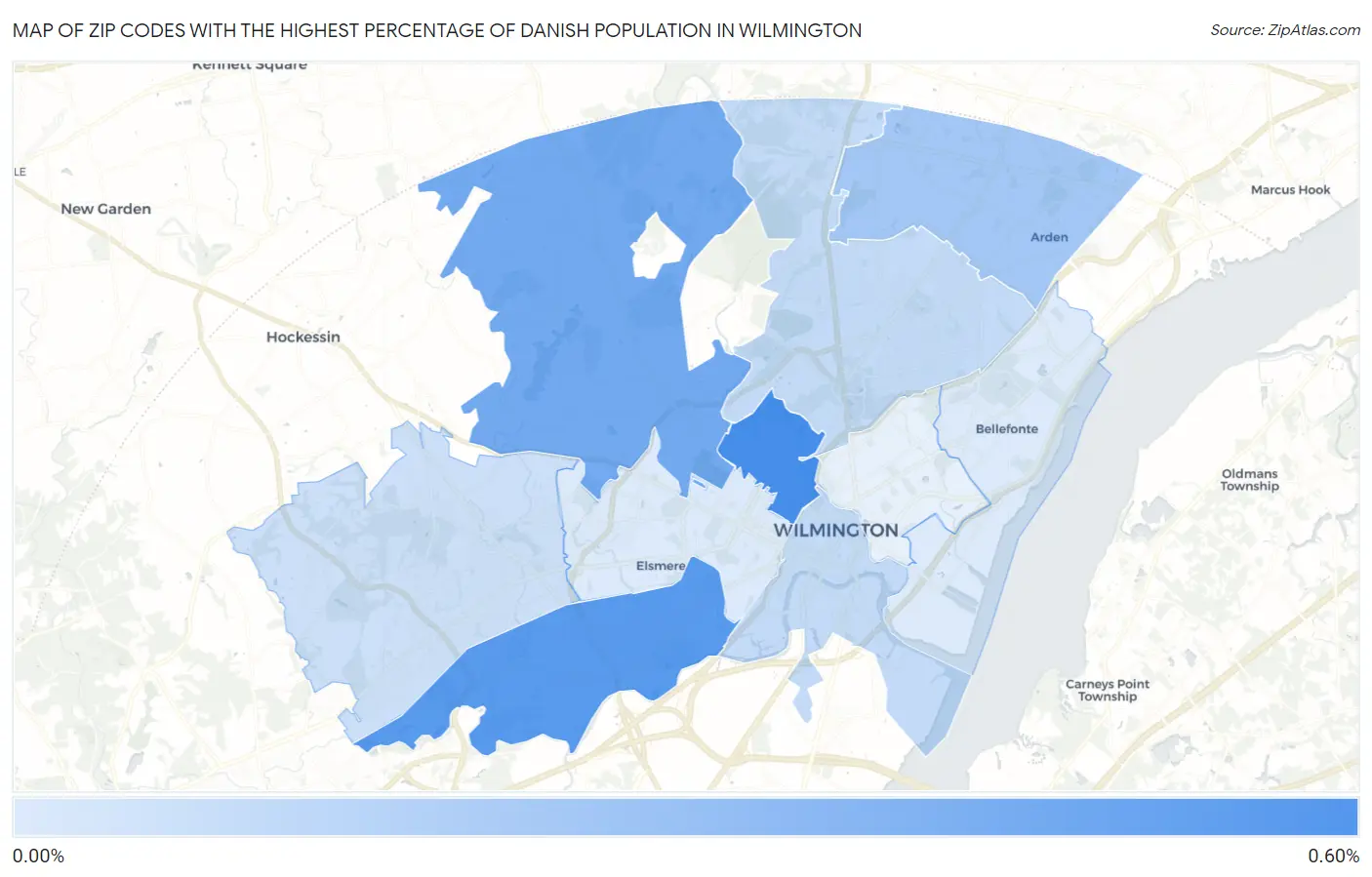 Zip Codes with the Highest Percentage of Danish Population in Wilmington Map