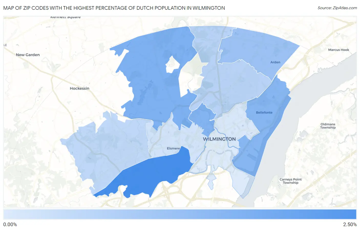 Zip Codes with the Highest Percentage of Dutch Population in Wilmington Map