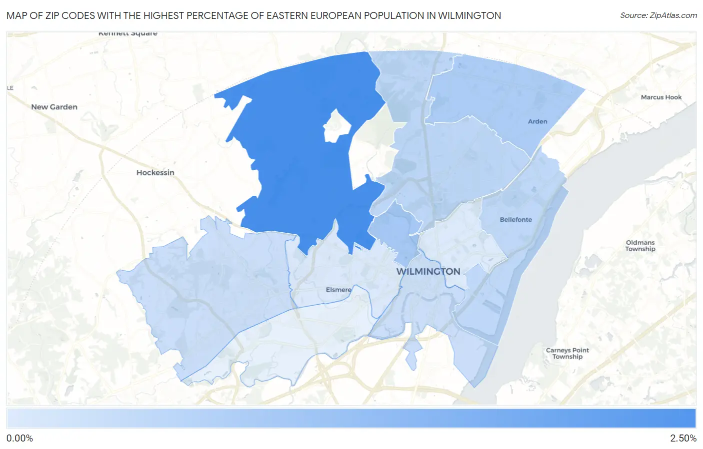 Zip Codes with the Highest Percentage of Eastern European Population in Wilmington Map