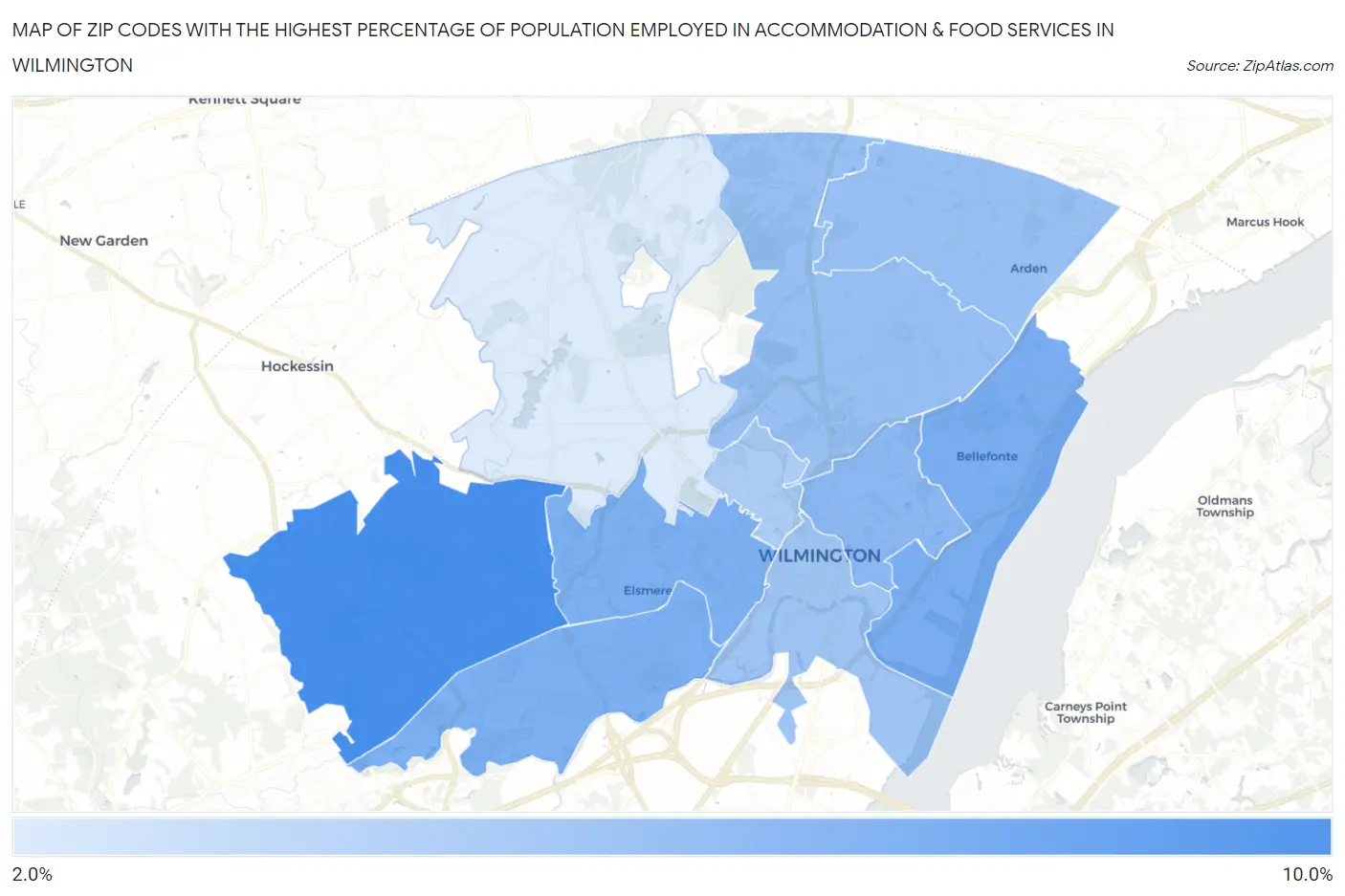 Zip Codes with the Highest Percentage of Population Employed in Accommodation & Food Services in Wilmington Map