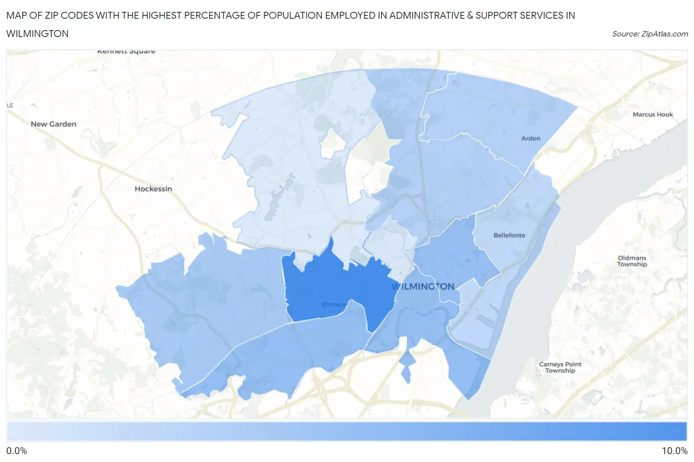Zip Codes with the Highest Percentage of Population Employed in Administrative & Support Services in Wilmington Map