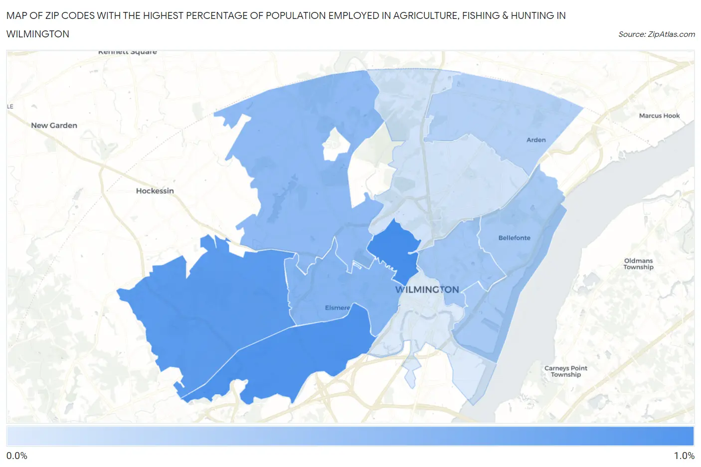 Zip Codes with the Highest Percentage of Population Employed in Agriculture, Fishing & Hunting in Wilmington Map