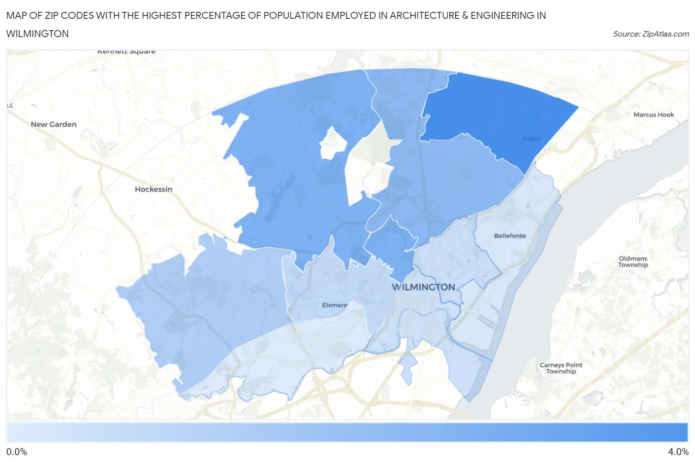 Zip Codes with the Highest Percentage of Population Employed in Architecture & Engineering in Wilmington Map