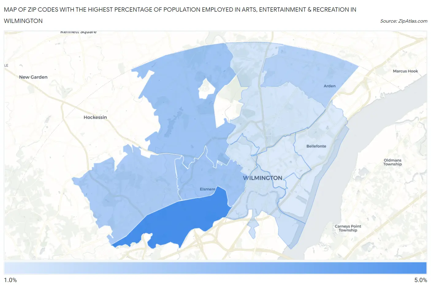Zip Codes with the Highest Percentage of Population Employed in Arts, Entertainment & Recreation in Wilmington Map
