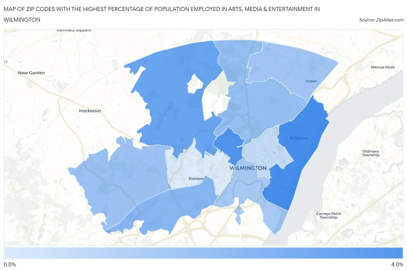 Zip Codes with the Highest Percentage of Population Employed in Arts, Media & Entertainment in Wilmington Map