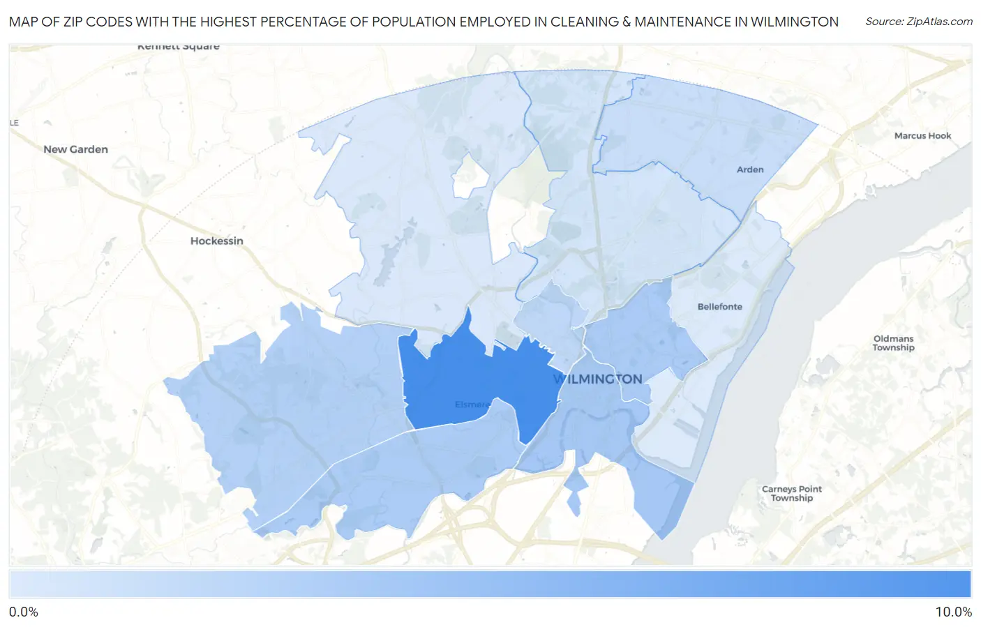 Zip Codes with the Highest Percentage of Population Employed in Cleaning & Maintenance in Wilmington Map
