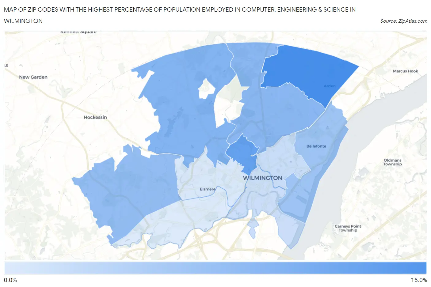 Zip Codes with the Highest Percentage of Population Employed in Computer, Engineering & Science in Wilmington Map