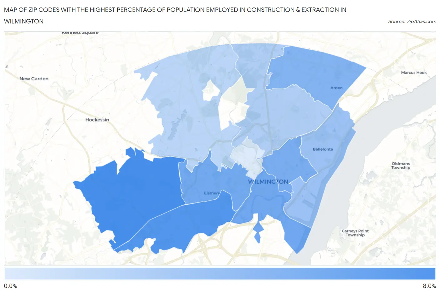 Zip Codes with the Highest Percentage of Population Employed in Construction & Extraction in Wilmington Map