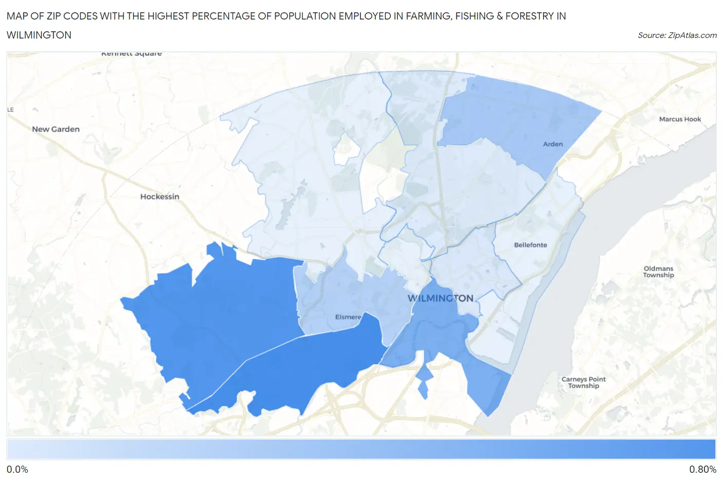Zip Codes with the Highest Percentage of Population Employed in Farming, Fishing & Forestry in Wilmington Map