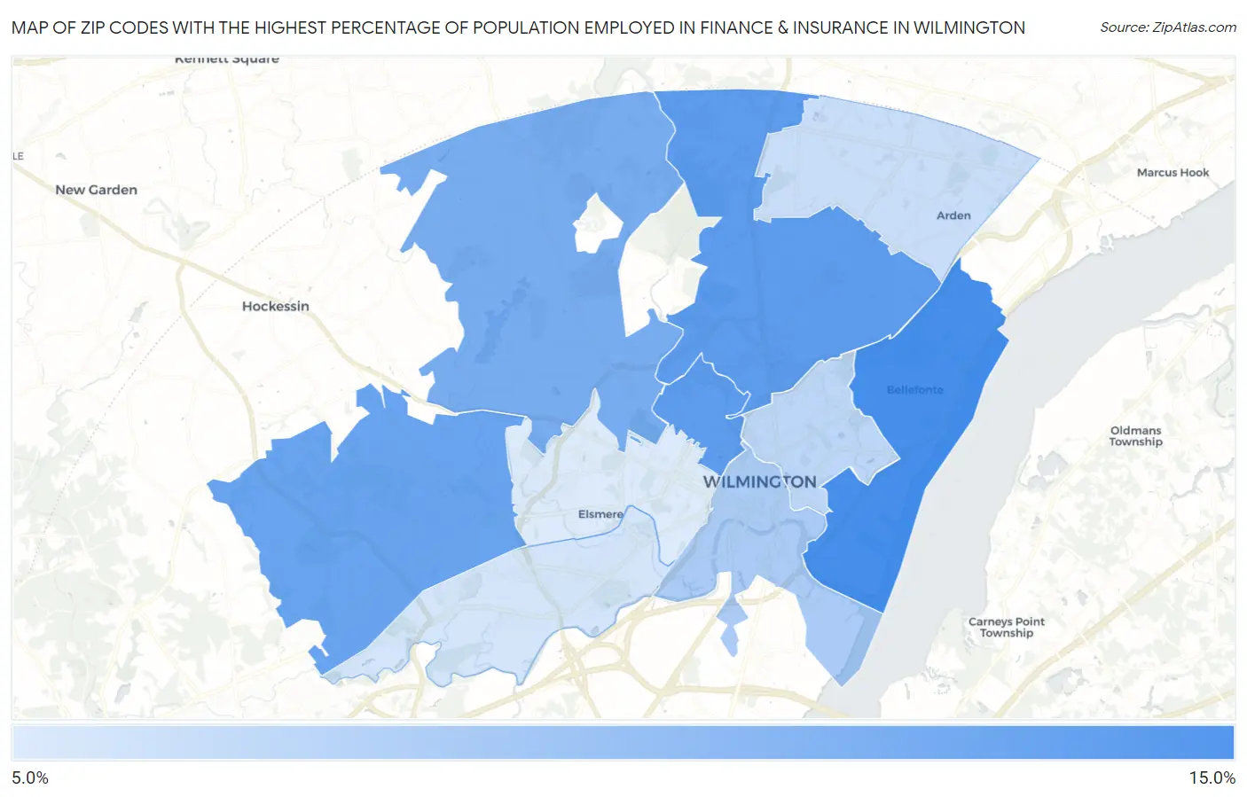 Zip Codes with the Highest Percentage of Population Employed in Finance & Insurance in Wilmington Map