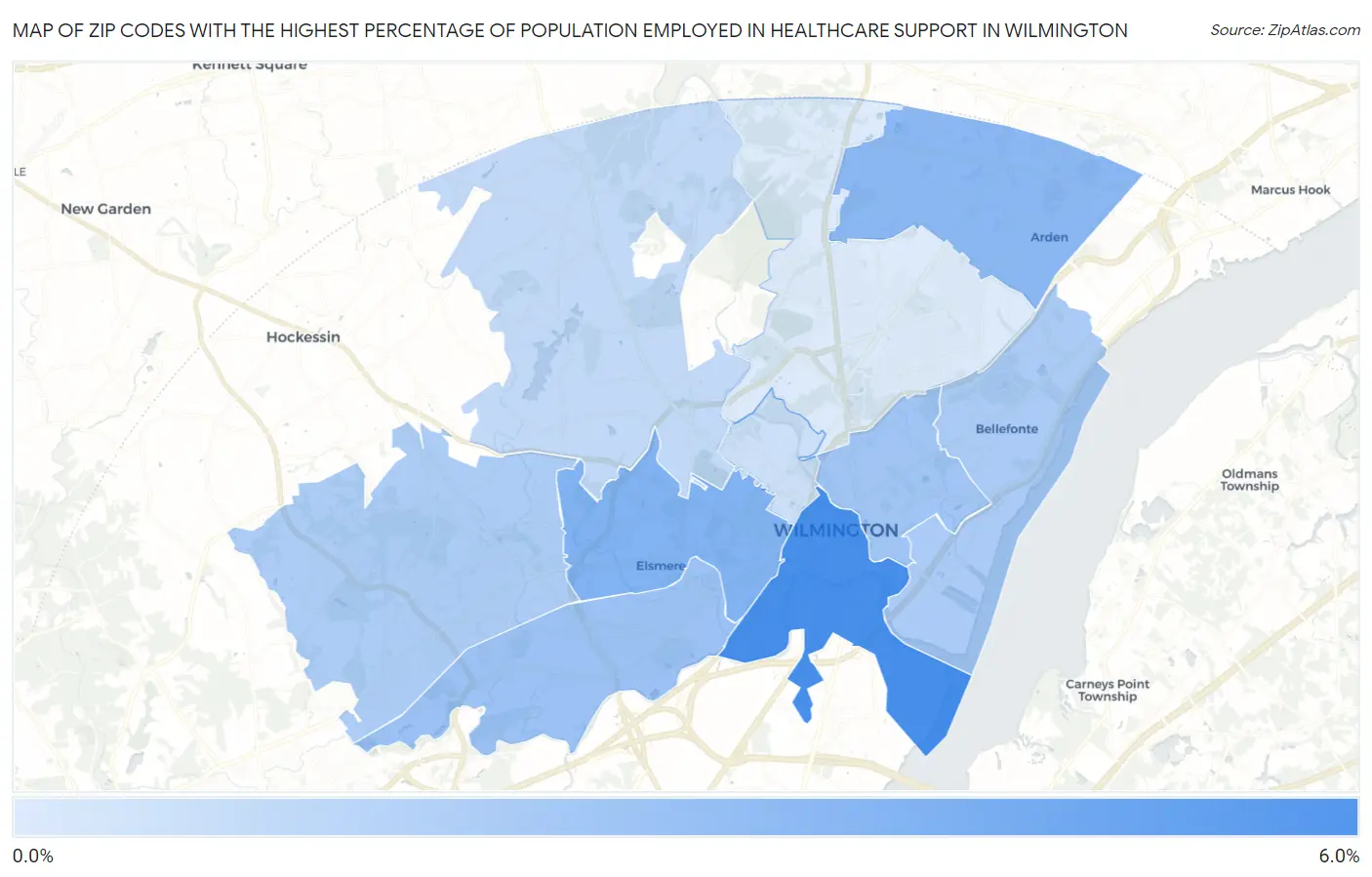 Zip Codes with the Highest Percentage of Population Employed in Healthcare Support in Wilmington Map