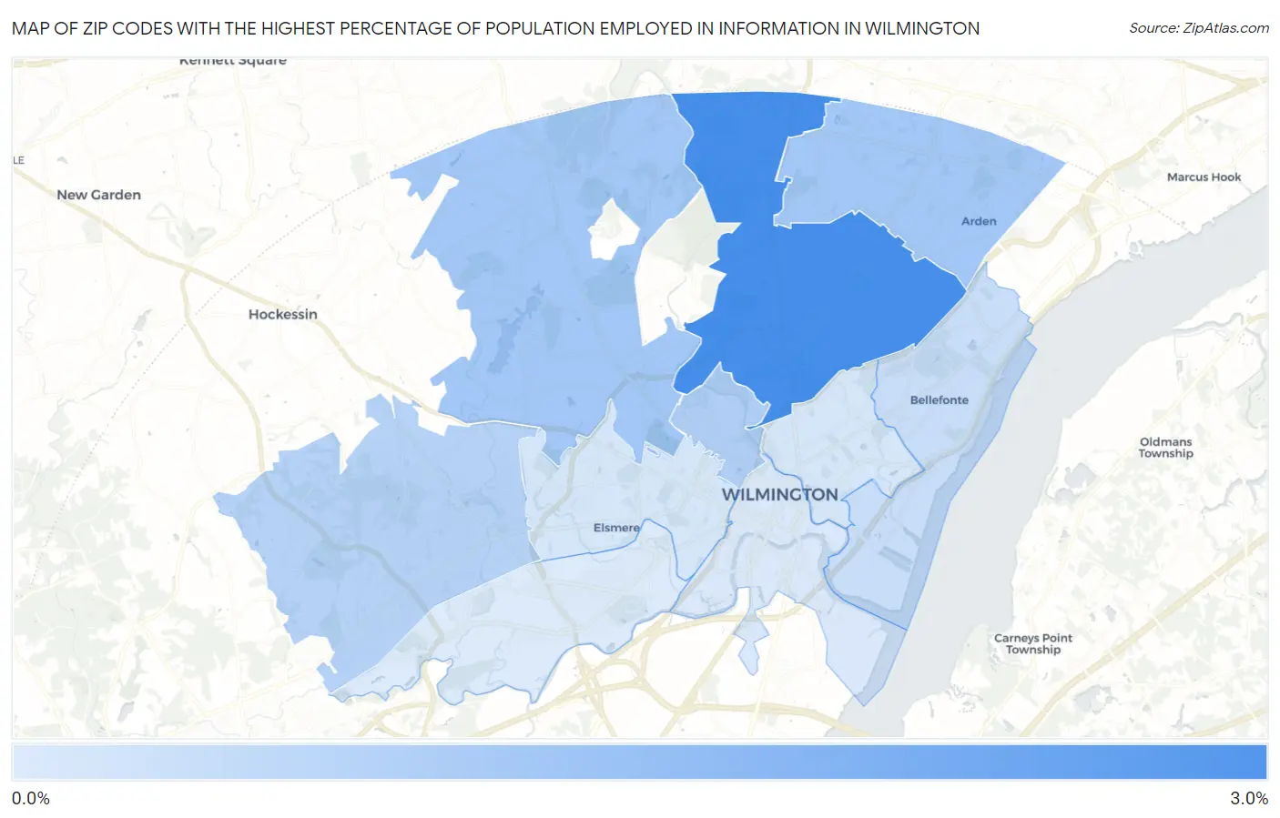 Zip Codes with the Highest Percentage of Population Employed in Information in Wilmington Map