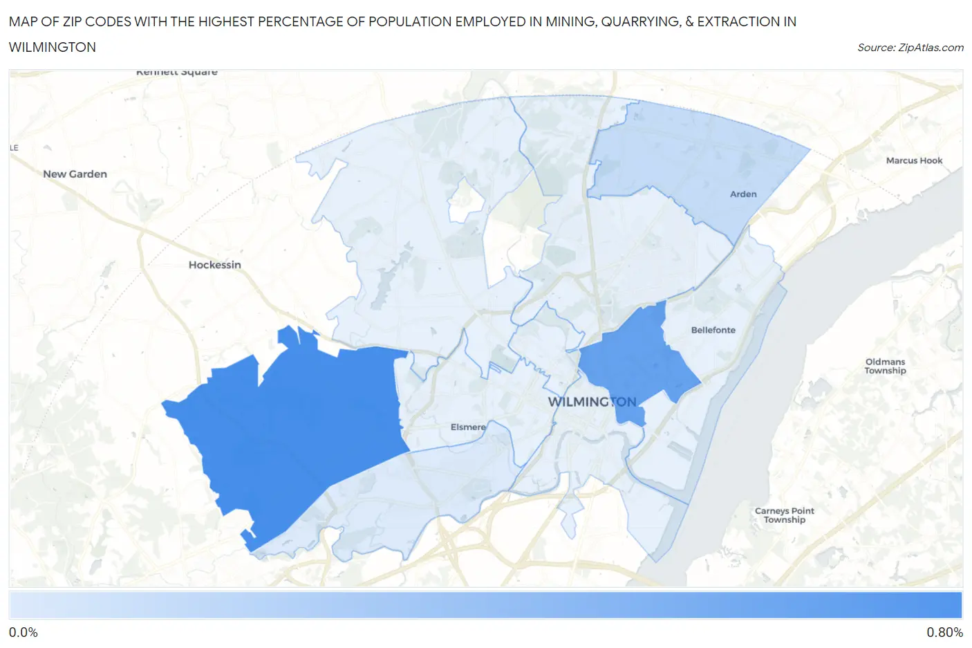 Zip Codes with the Highest Percentage of Population Employed in Mining, Quarrying, & Extraction in Wilmington Map
