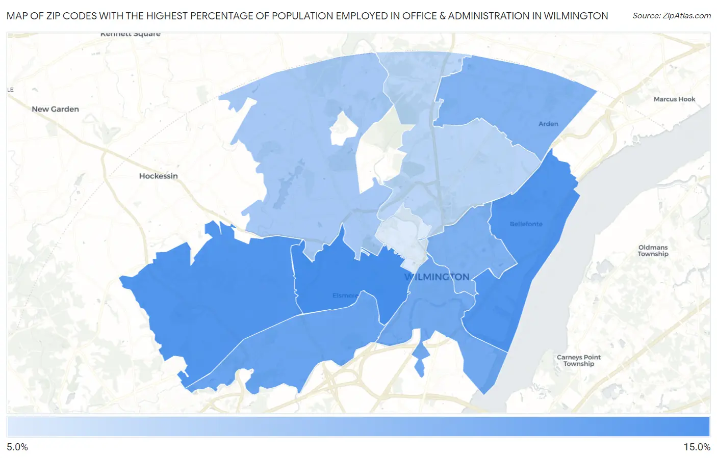 Zip Codes with the Highest Percentage of Population Employed in Office & Administration in Wilmington Map