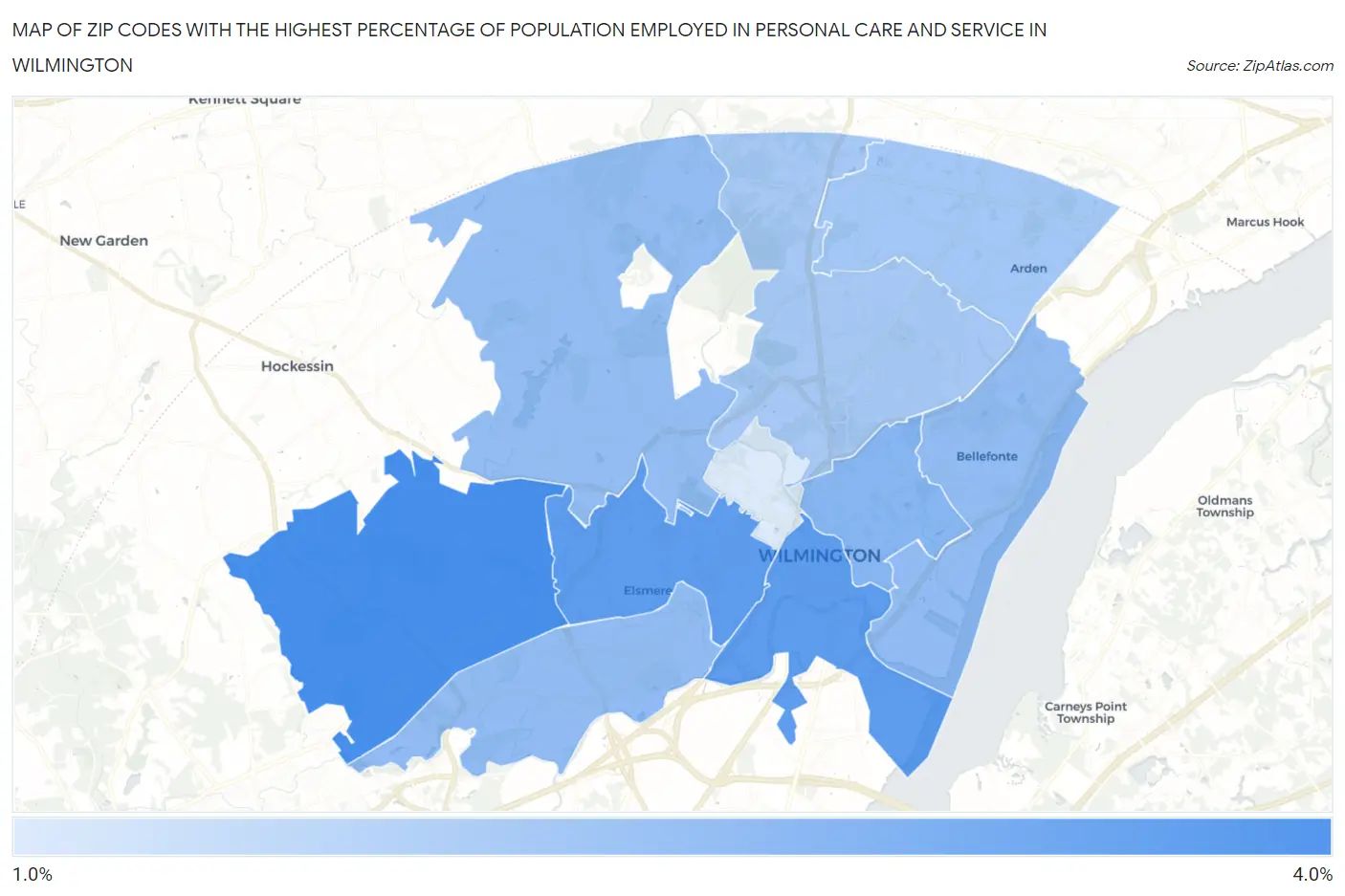Zip Codes with the Highest Percentage of Population Employed in Personal Care and Service in Wilmington Map