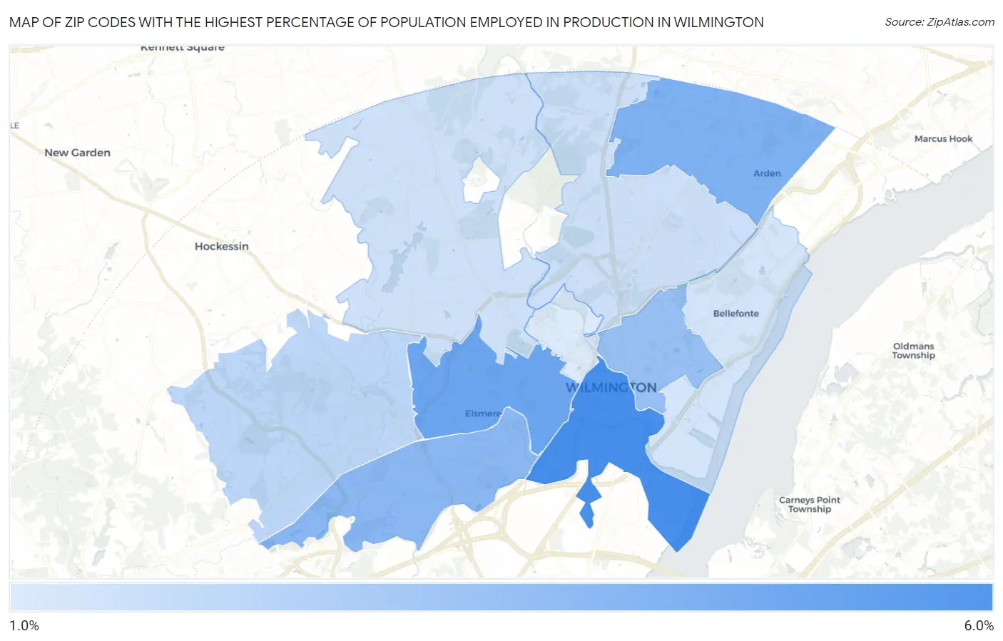 Zip Codes with the Highest Percentage of Population Employed in Production in Wilmington Map
