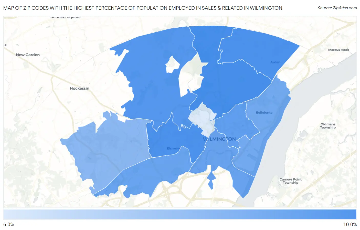 Zip Codes with the Highest Percentage of Population Employed in Sales & Related in Wilmington Map