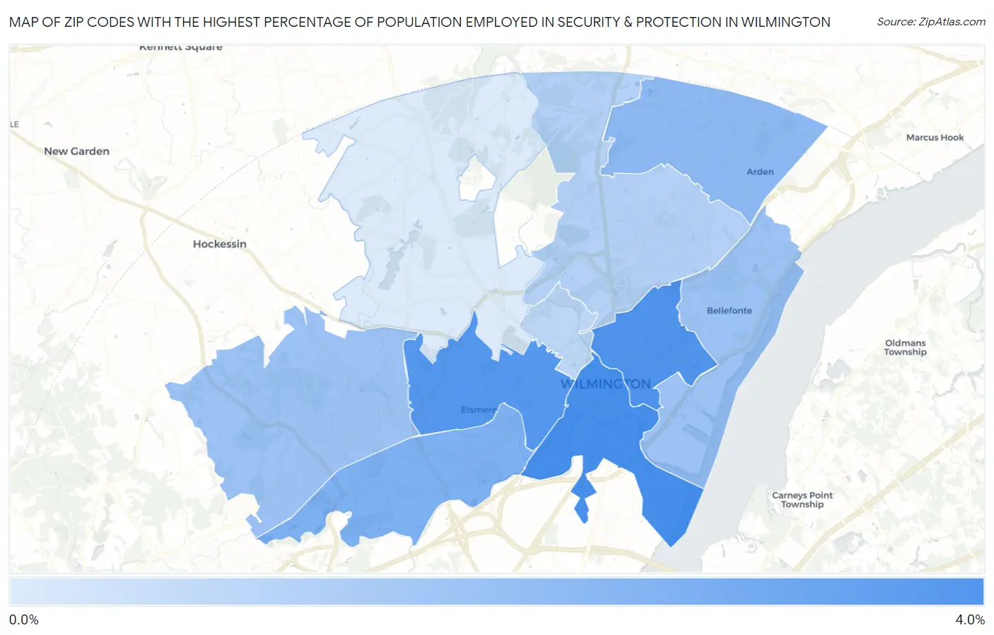 Zip Codes with the Highest Percentage of Population Employed in Security & Protection in Wilmington Map
