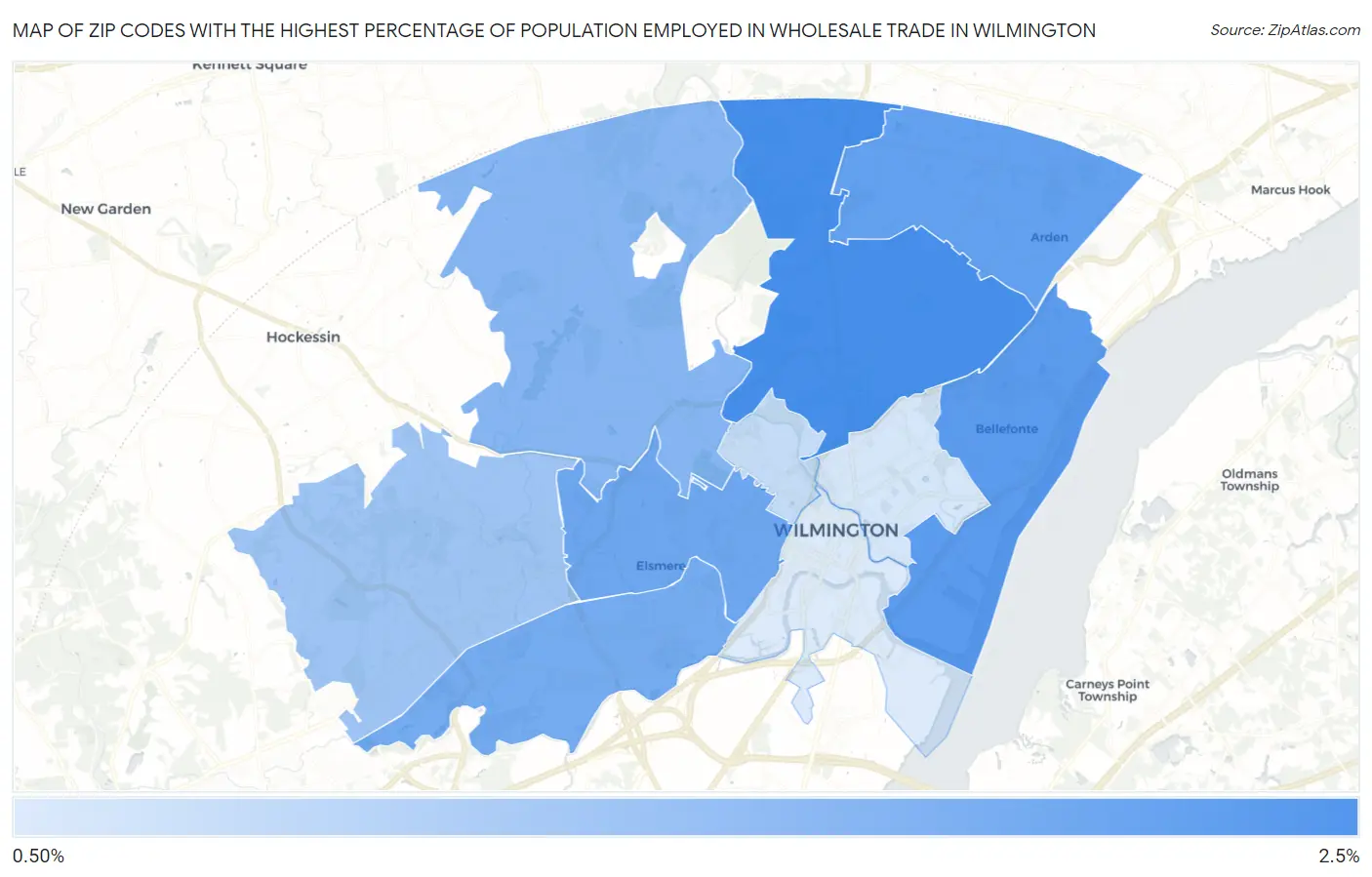 Zip Codes with the Highest Percentage of Population Employed in Wholesale Trade in Wilmington Map