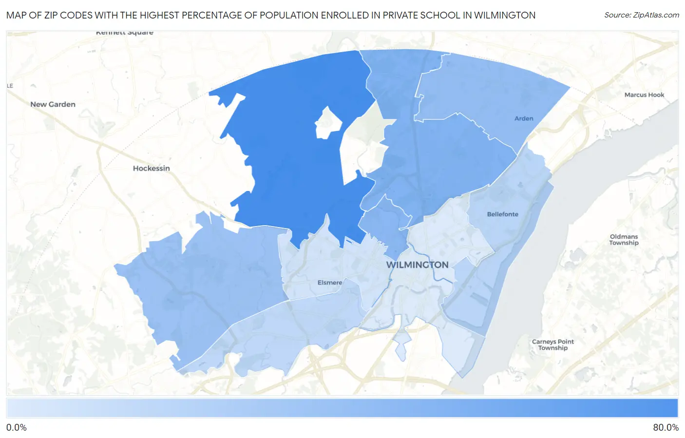 Zip Codes with the Highest Percentage of Population Enrolled in Private School in Wilmington Map
