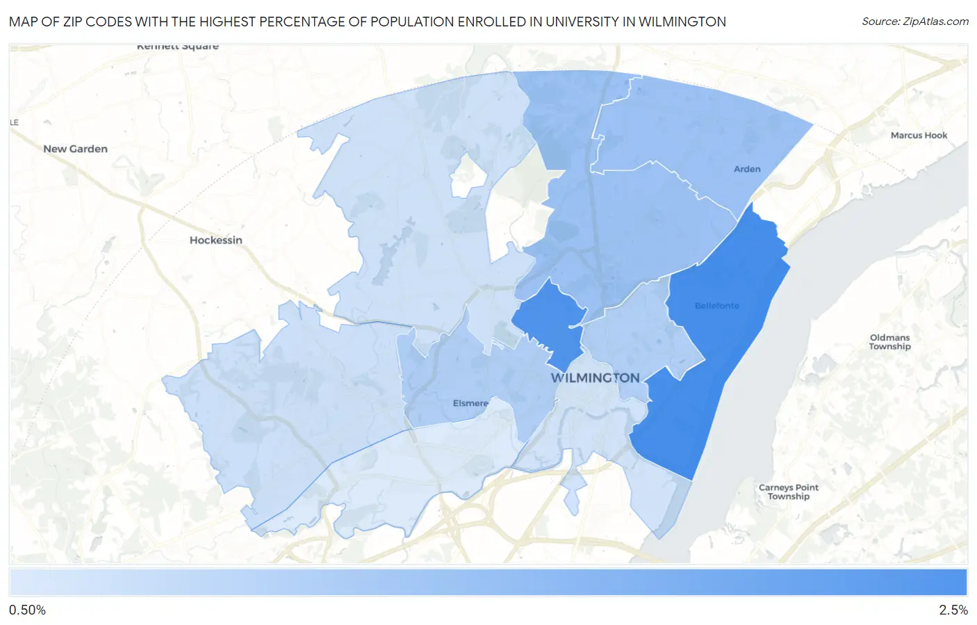 Zip Codes with the Highest Percentage of Population Enrolled in University in Wilmington Map