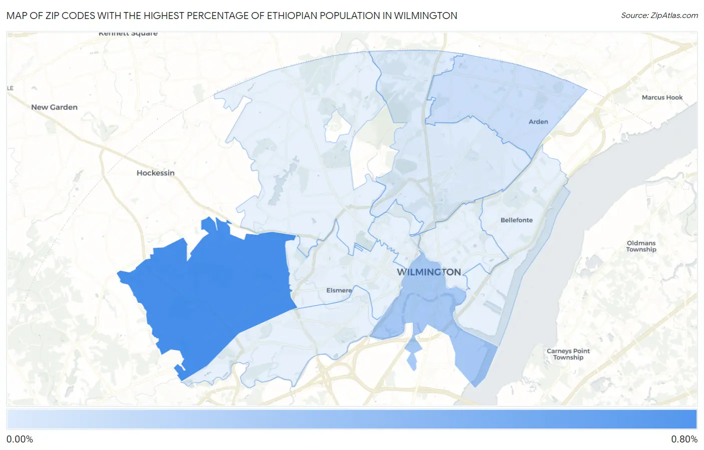 Zip Codes with the Highest Percentage of Ethiopian Population in Wilmington Map