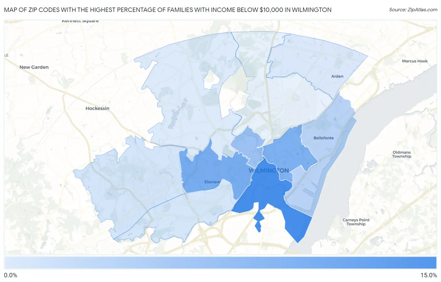 Zip Codes with the Highest Percentage of Families with Income Below $10,000 in Wilmington Map