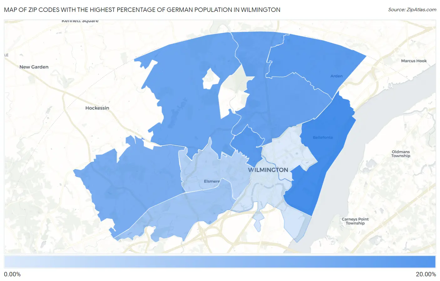 Zip Codes with the Highest Percentage of German Population in Wilmington Map