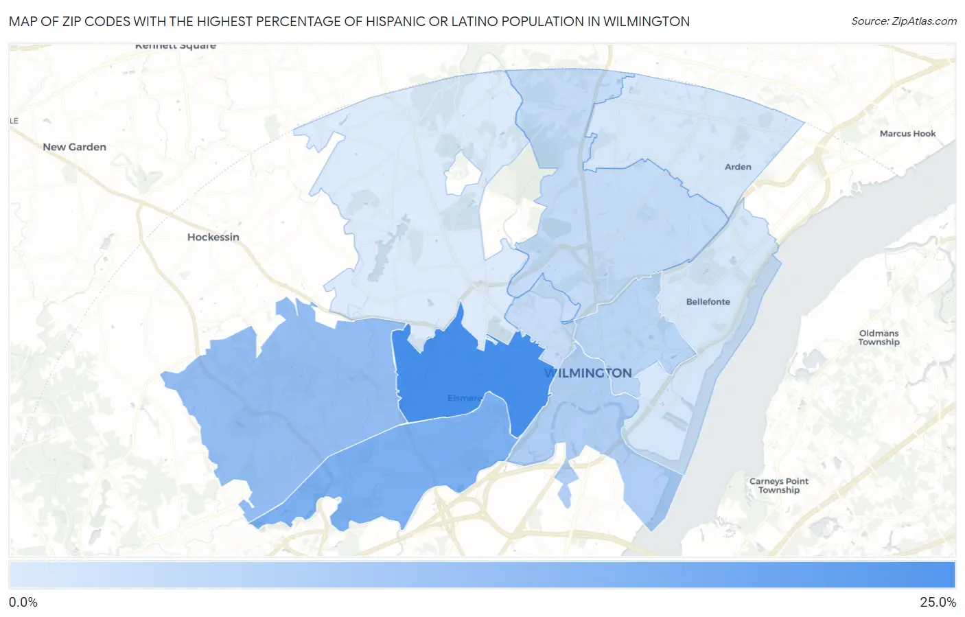Zip Codes with the Highest Percentage of Hispanic or Latino Population in Wilmington Map