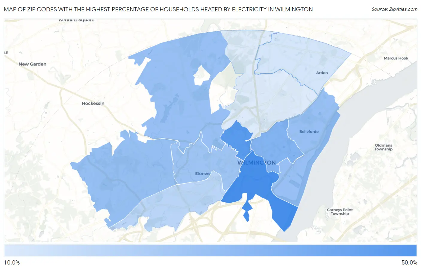 Zip Codes with the Highest Percentage of Households Heated by Electricity in Wilmington Map